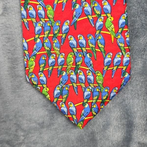 Vtg Paul Fredrick 100% Silk Necktie Parrot Birds Red Blue Green 56" Made In USA. - Picture 1 of 5