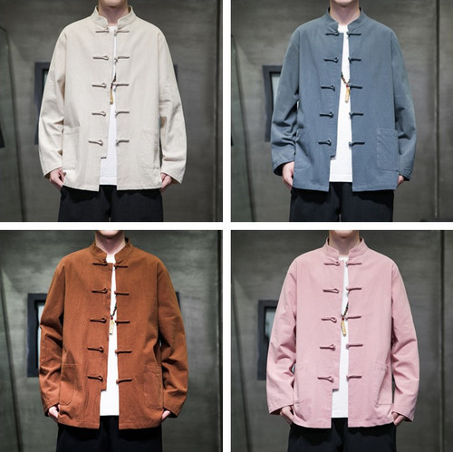 OFF WHITE Giacca Tang Tradizionale Cinese Primavera Autunno Uomo Hanfu Cotone Lino Fibbia Cappotto