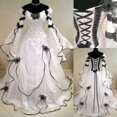 Gothic A-Line Wedding Dresses Long Sleeves Bridal Gowns Black And White Custom  - Image 1 of 4
