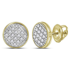 10K Yellow Gold Mens Round Diamond Circle Cluster Stud Earrings 1/12 Cttw