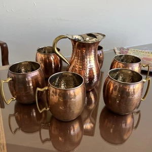 Old Dutch Hand Hammered Copper Plated Odi 7 India 2 Quart Water Pitcher W/ 6 Mug - Picture 1 of 6