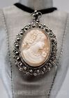 Italian Shell Cameo Filigree Brooch Pendant Hand-Carved Sterling Silver New