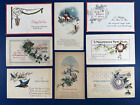 8 New Year Antique Postcards, Clocks, Snowy Scenes, Birds, Church, Sunset