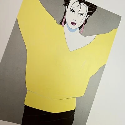 Patrick Nagel Vtg Print Fashion Yellow Sweater Pink Black Memphis Pop Art Decor - Image 1 of 4