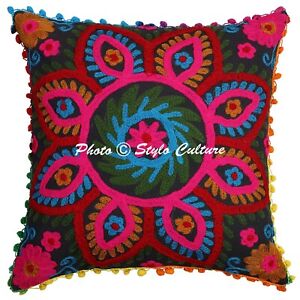 Black Cushion Cover Suzani Gypsy Handmade Sujani Tribal Ethnic Hippie Pillow