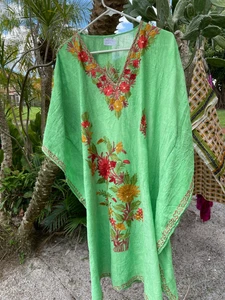 Mint Green Floral Embroidery Mid Length Caftan Kimono Sleeves Kaftan Dress 2XL