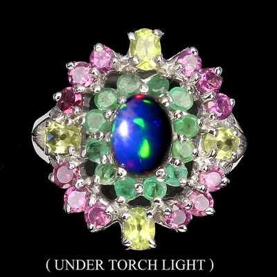 Anillo de plata de ley 925 ovalado ópalo negro esmeralda peridoto piedras preciosas joyería talla 8 Foto 1 de 4