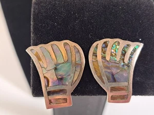 Vintage Taxco Mexican Sterling Silver Abalone Inlay Earrings – Modernist Fan... - Picture 1 of 6