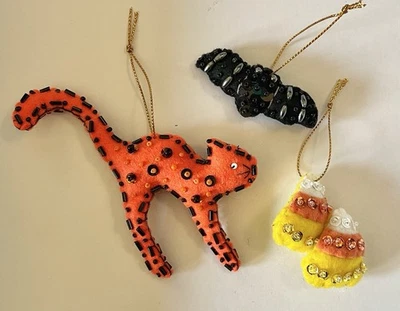 Set of 3: Halloween Candy Corn, Scaredy Cat, & Bat -Cute Felt Handmade Ornaments - Image 1 of 2