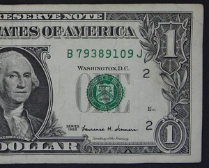 1999 $1 (ONE DOLLAR) - NOTE - SERIAL NUMBER - FAR RIGHT - ERROR - Picture 1 of 3