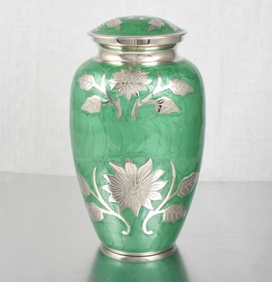 Cremation Urn for Adult Ashes – Engraved Sunflower Memorial Green Funeral Urn - Image 1 of 4