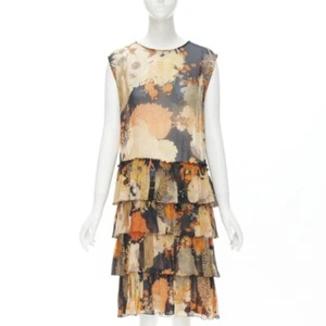 DRIES VAN NOTEN black orange Japonaise floral tiered ruffle silk dress FR34 XS - Picture 1 of 12