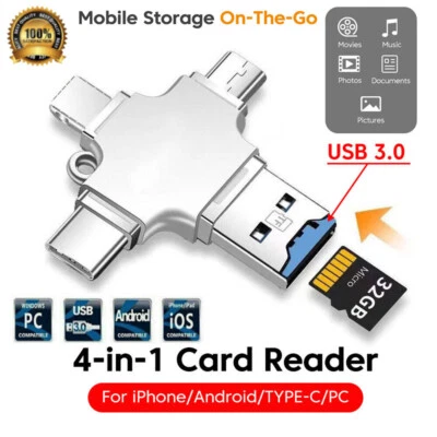 Metal 4 IN 1 OTG USB3.0 Type C TF Card Reader For iPhone iPad Android PC Macbook - Image 1 of 4