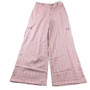 Forever 21+ Pants Womens 1X Pink Plaid Elastic Waist Wide Leg Cargo NWT - Picture 1 of 11