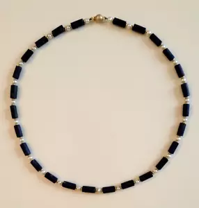 Kette Lapislazuli mit Zuchtperlen, Goldplättchen und Verschluß 585 Gold - Bild 1 von 10