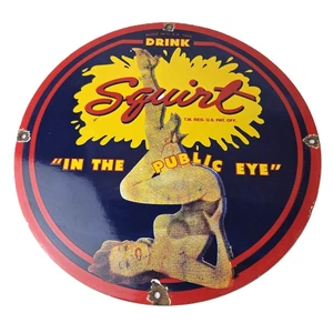 Letrero vintage de porcelana Squirt - Cartel publicitario de gasolinera para bebidas refrescantes - Imagen 1 de 14