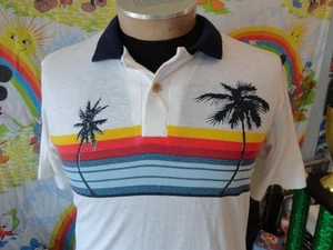 Polo vintage anni 80 macchie solari palme surf righe arcobaleno M - Foto 1 di 6