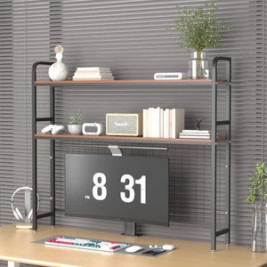Desk Book Organizer，2-Tier Desktop Bookshelf with 3 Hooks & DIY Storage Mesh - Picture 1 of 6