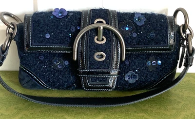 COACH #10070 Soho Tweed/Leather/Suede Sequins Floral Shoulder Bag - Navy RARE - Image 1 of 4
