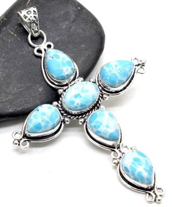 Blue Larimar Gemstone Handmade 925 Sterling Silver Jewelry Pendant Size-2.5" - Imagen 1 de 7