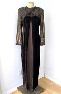 Vtg Escada Couture Brown Velvet Gold Sequin Formal Ball Gown Dynasty Dress 42 - Picture 1 of 7