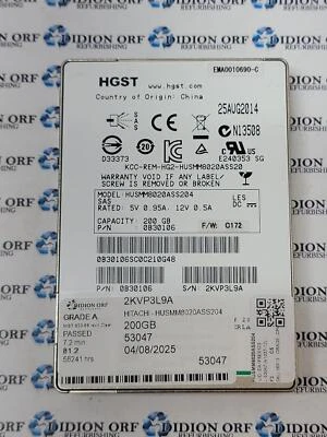 HITACHI 200GB 2.5" SAS SSD HUSMM8020ASS204, Grade A, SKU 16613 - Image 1 of 2