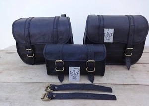 Combo de sillín de cuero negro para motocicleta 3 bolsas alforja herramienta 3 bolsas laterales JMB TM - Imagen 1 de 11