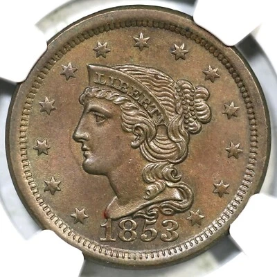 1853 N-27 R-2 NGC MS 64 BN Braided Hair Large Cent Coin 1c - Image 1 of 3