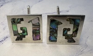Vintage LRL Mexico Signed 925 Sterling Silver Tribal Abalone Inlay Cufflinks - Picture 1 of 5
