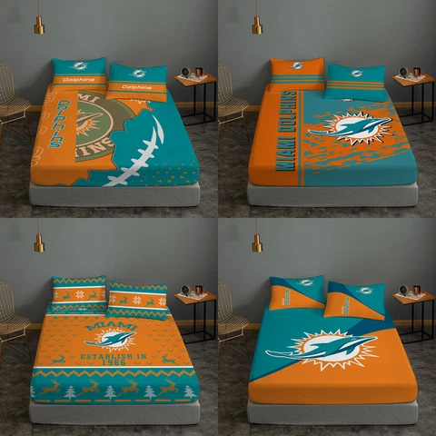 Miami Dolphins Fitted Sheet Pillowcases 3Pcs Deep Pocket Bed Sheet Set Fans Gift Cover