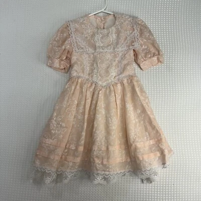 Vestido Jessica McClintock Gunne Sax Niñas Talla 4 Rosa Blanco Encaje Mangas Hinchadas De Colección Foto 1 de 4