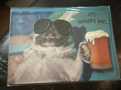 NIP Papyrus Happy Fathers Father’s Day Card Embellished Pug With Beer New - Image 1 of 2