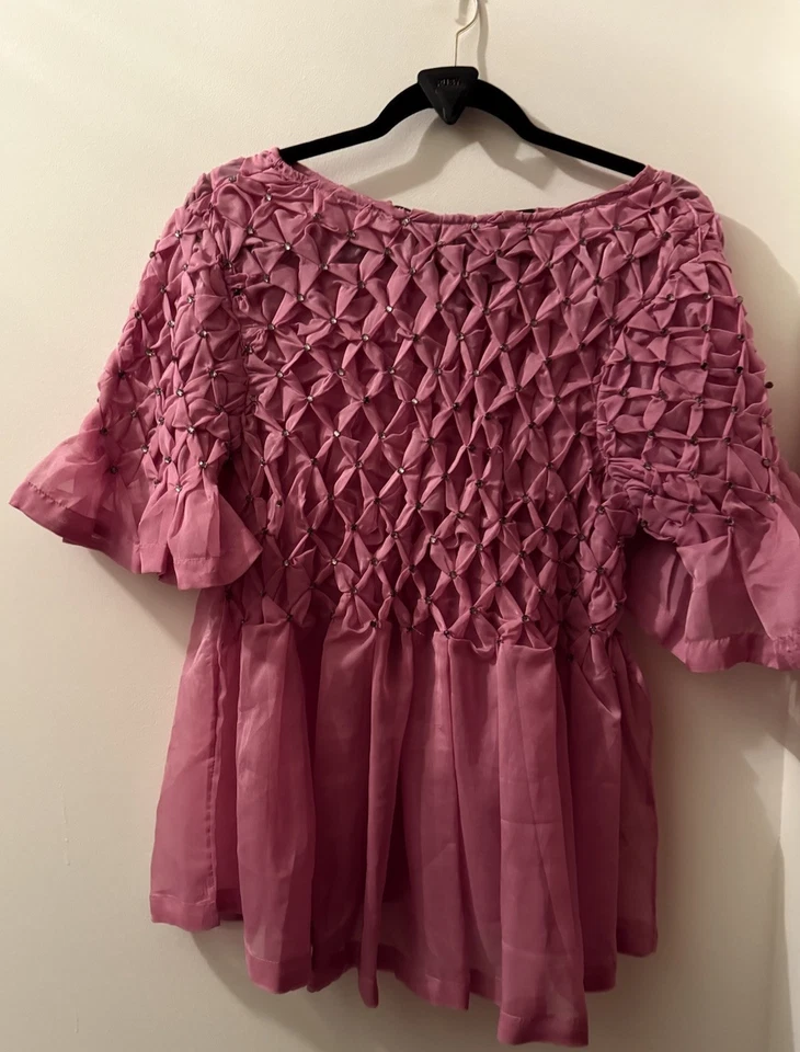 ANTHROPOLOGIE MAEVE BLUSA MUÑECA BEBÉ ESTRÁS TRANSPARENTE MANGA CORTA TOP ROSA M Foto 1 de 4