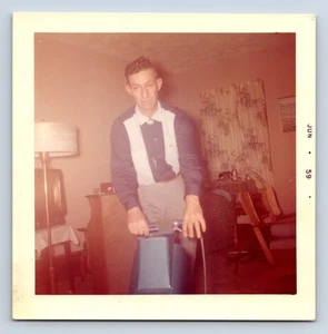 Vintage Photograph Man Cleaning Carpets with Machine Vacuum 1959 3.5x3.5 - Picture 1 of 2