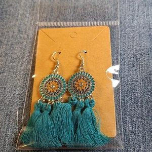Pendientes Boho Flecos Borla Western Turquesa Verde Cuelgan Pierced 3" Gitano - Imagen 1 de 3