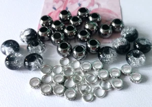 ❤ 55 Gunmetal & Crackle Beads LARGE HOLE (30) & alloy donut Spacer *Free P&P - Picture 1 of 3