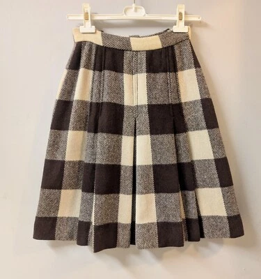 Vintage 60's Junior House Wool Plaid Brown Cream Tweed A-Line Pleated Skirt XS/S - Image 1 of 4