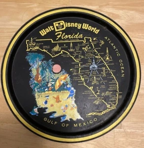 Walt Disney World Black Metal Tray Vintage Mickey Goofy Donald Florida Map 1970s - Bild 1 von 6