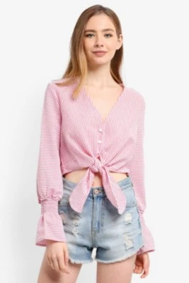 NWT The Fifth Label Anagram Stripe Seersucker Crop Top Boho Red White XS  - Image 1 of 4