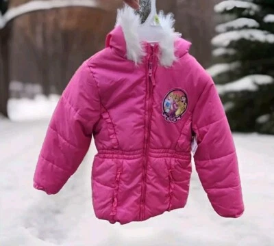 Casaco com capuz Disney Princesas rosa quente com bufante de pele sintética-Tamanho 7/8-NOVO-NOVO COM ETIQUETAS K-Mart - Imagem 1 de 4