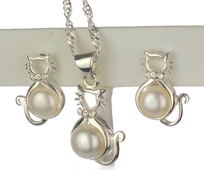 Solid 925 Silver Pearl Cat Earring, Pendant Set With 18" Italy Chain, Bezel Set - Image 1 of 4