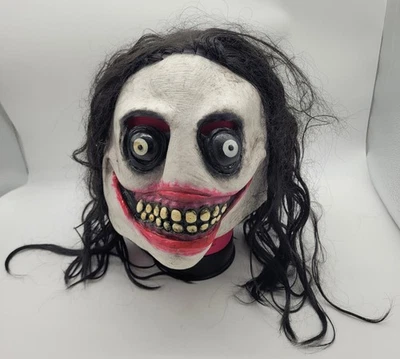 Spirit Grinning Demented Killer Mask Halloween Latex Black Hair Horror Cosplay - Image 1 of 4