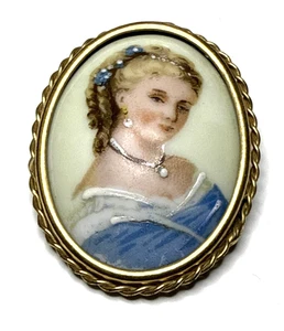 Vintage Lady in Blue Dress Limoges Porcelain Portrait Brooch Lapel Pin France - Picture 1 of 8