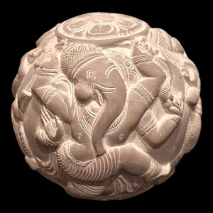 Vintage Indian Hindu Lord Ganesha & Dancers Carved Stone Ball Sphere Ritual - Picture 1 of 10