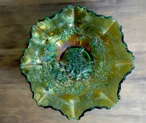 Vintage Imperial Glass Windmill Ruffle Edge Green Carnival Glass Bowl 7” - Picture 1 of 13