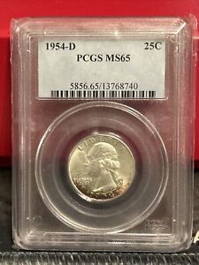 1954 D Washington 90% Silver Quarter 25c PCGS MS 65 ~ Nice Toning On Bottom