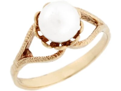 10k or 14k Real Yellow Gold Cultured Pearl Round Solitaire Designer Womens Ring - Image 1 of 4