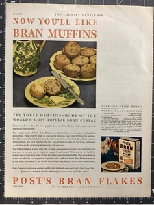 Anuncio impreso vintage de 1929 POST'S BRAN FLAKES Now You'll Like Bran Muffins años 20 - Imagen 1 de 1
