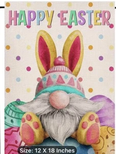 EASTER GARDEN/YARD FLAG  12"X18" "HAPPY EASTER" BUNNY GNOME NEW - Picture 1 of 2