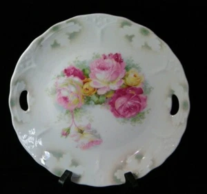 Scalloped Rim Pink Rose Reticulated Handle Luncheon Platter, 9-1/4" Width "GERMA - Picture 1 of 8